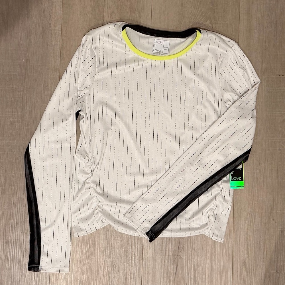 Lucky in Love White Top with Black Dots and Neon Yellow Trim